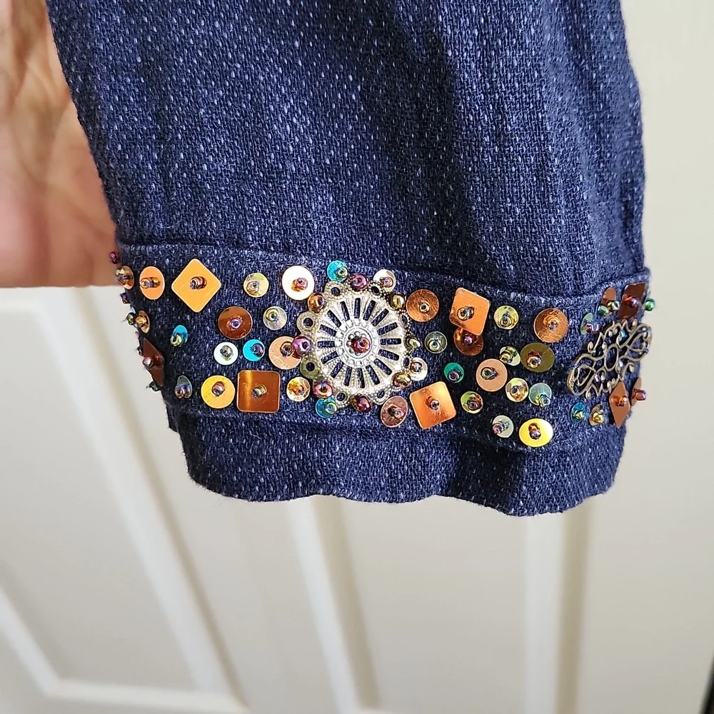 Coldwater Creek‎ Navy Blue Beaded Blazer Jacket Size LG Button Front Linen Blend - Picture 6 of 11